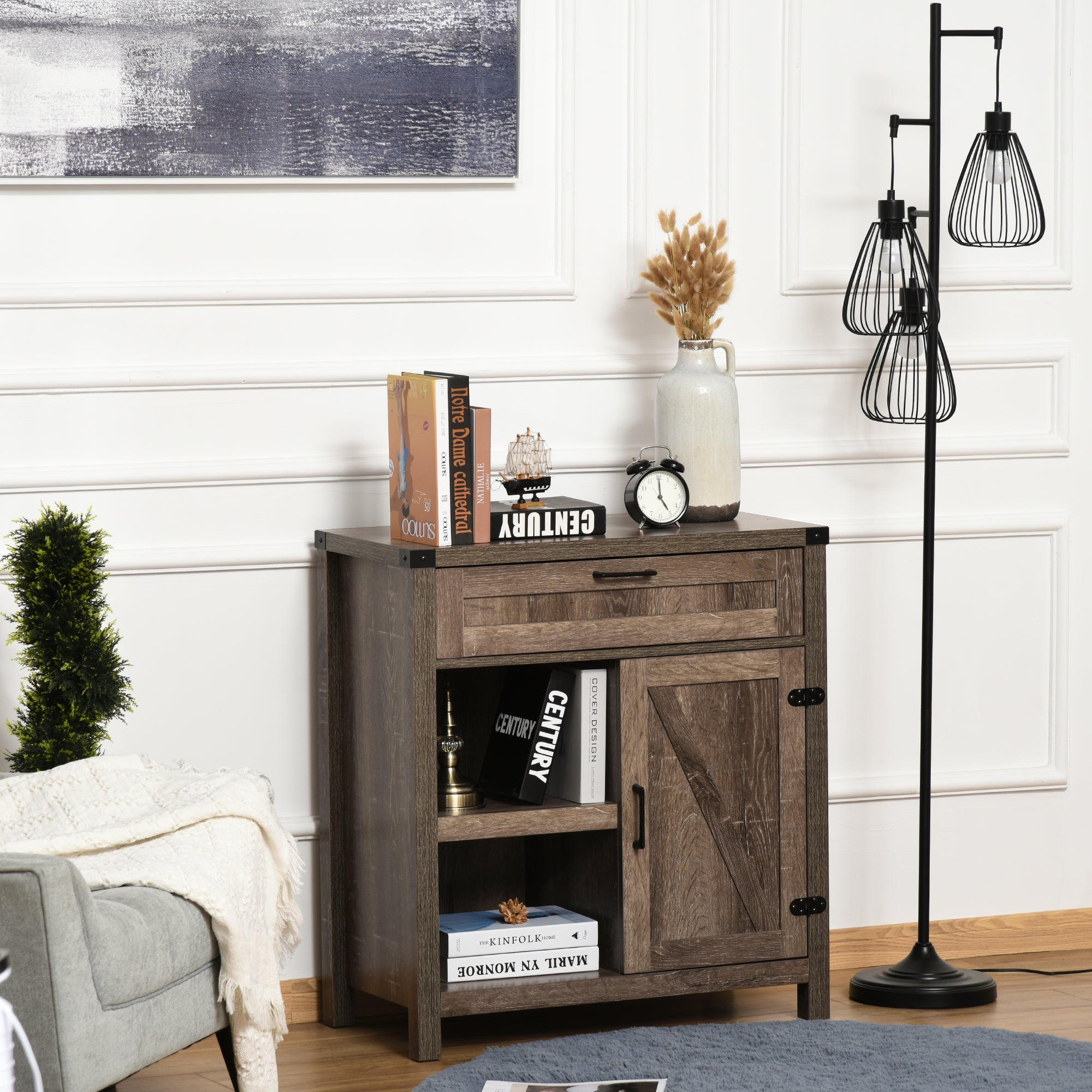 HOMCOM Rustic Buffet Sideboard: Farmhouse Storage Cabinet with Barn Doors for Kitchen/Dining Room, Dark Oak
