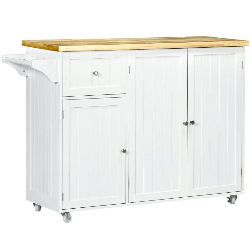 Rolling Kitchen Island with Storage, Utility Kitchen Island Cart with Drawer, Cabinets, Towel Rack and Rubber Wood Top