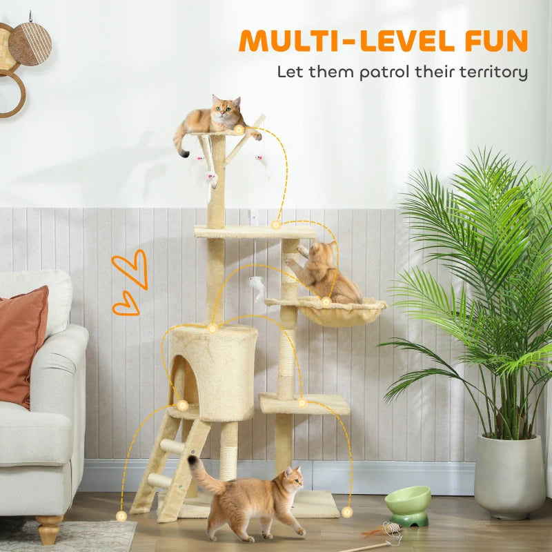53" Cat Tree Tower, Kitten Activity Centre with Scratching Posts, Condo, Perches, Ladder, Hammock, Dangling Toys, Beige