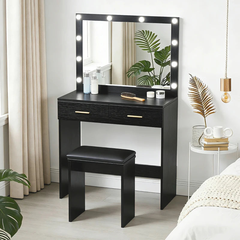 HOMCOM Makeup Vanity Desk Set with Stool, LED Lighted Mirror, 2 Drawers, Modern Dressing Table