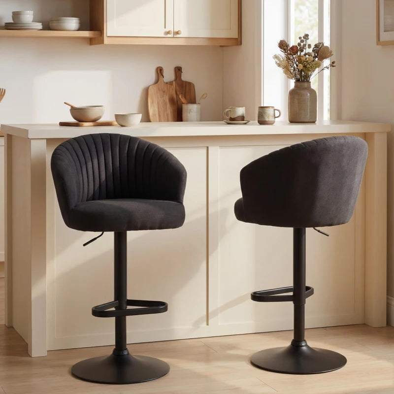 Adjustable Bar Stools Set of 2, Upholstered Kitchen Stools with Swivel Seat, Steel Frame, Footrest, Black