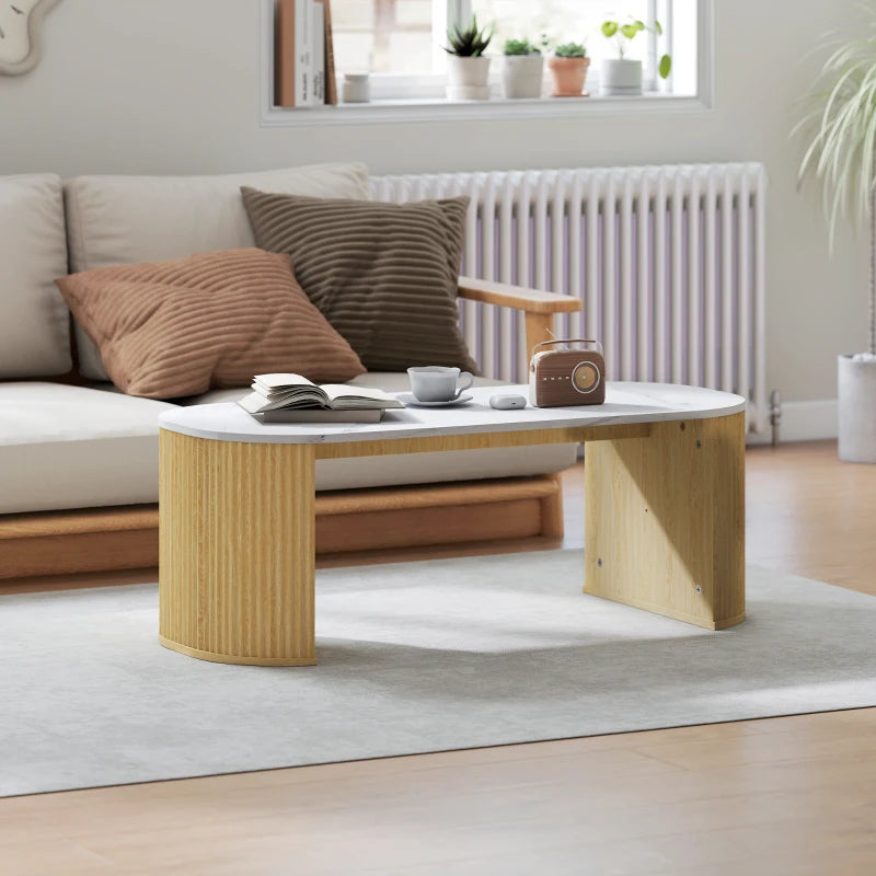 Coffee Table, Modern Marble-Effect Living Room Table with Round Corners and Thicken Legs, Natural Wood