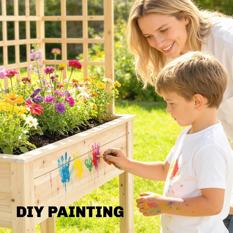 Wooden Raised Garden Bed with 3 Trellises, Outdoor Raised Planter with Drainage Holes
