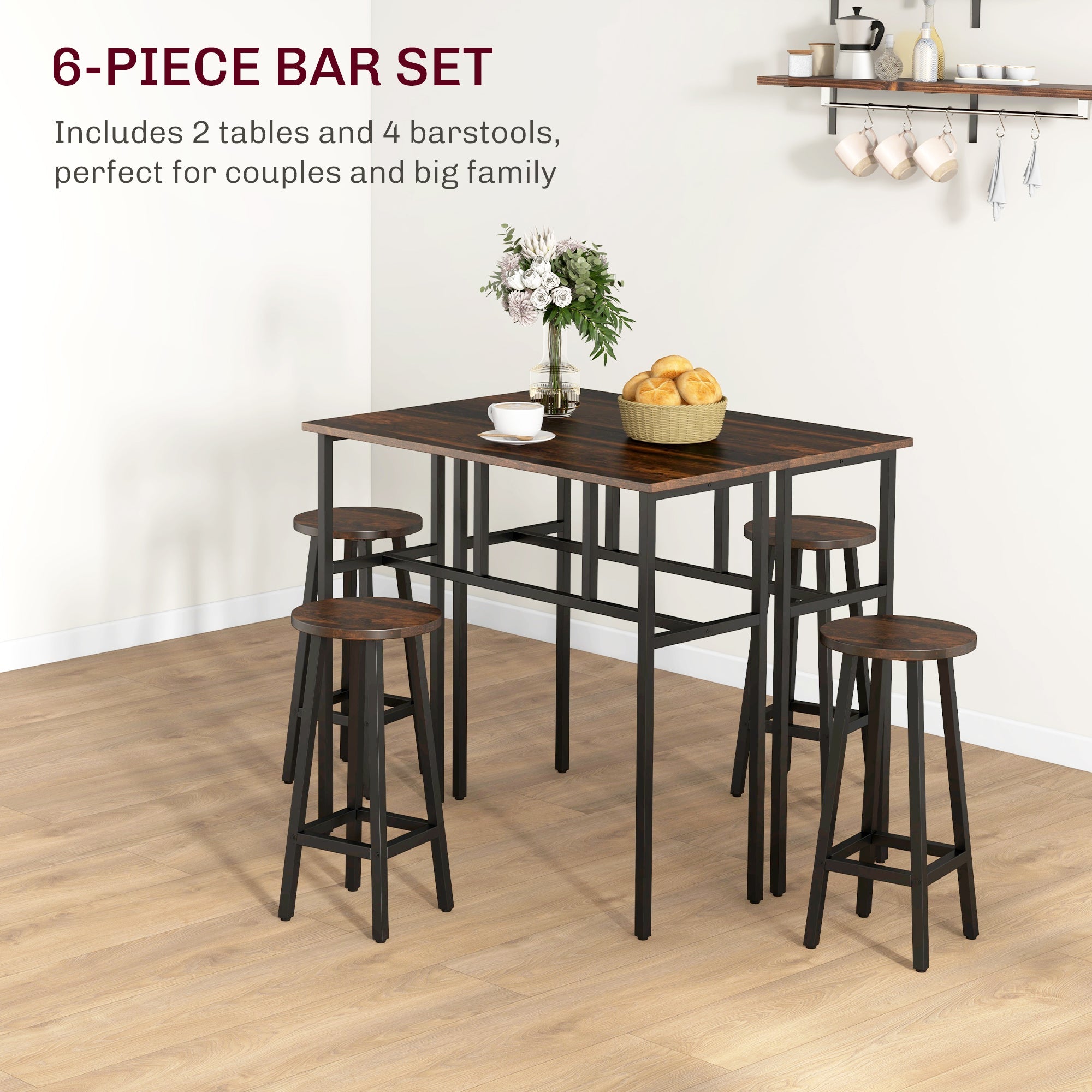 HOMCOM Bar Table Set of 6 Bar Table 4 Stools Living Dining Room Rustic Brown Furniture for Home Pub