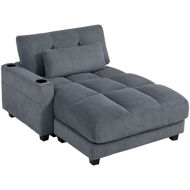 58" Chaise Lounge Indoor, Oversized Corduroy Sofa Bed with 2 Cup Holders, Pillow, Deep Seat Sleeper Couch, Dark Grey