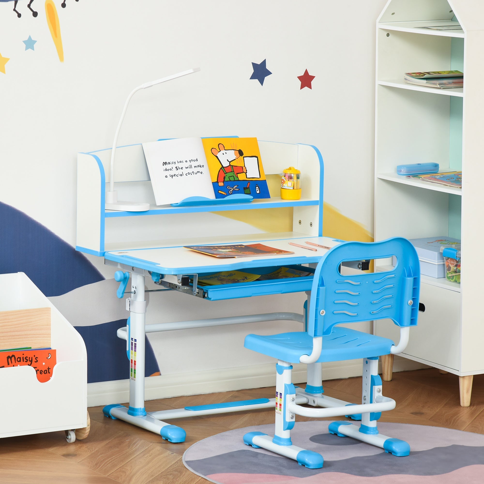 Qaba Kids Adjustable Desk and Chair Set with LED Light Bookshelf Drawer for Student Study Blue