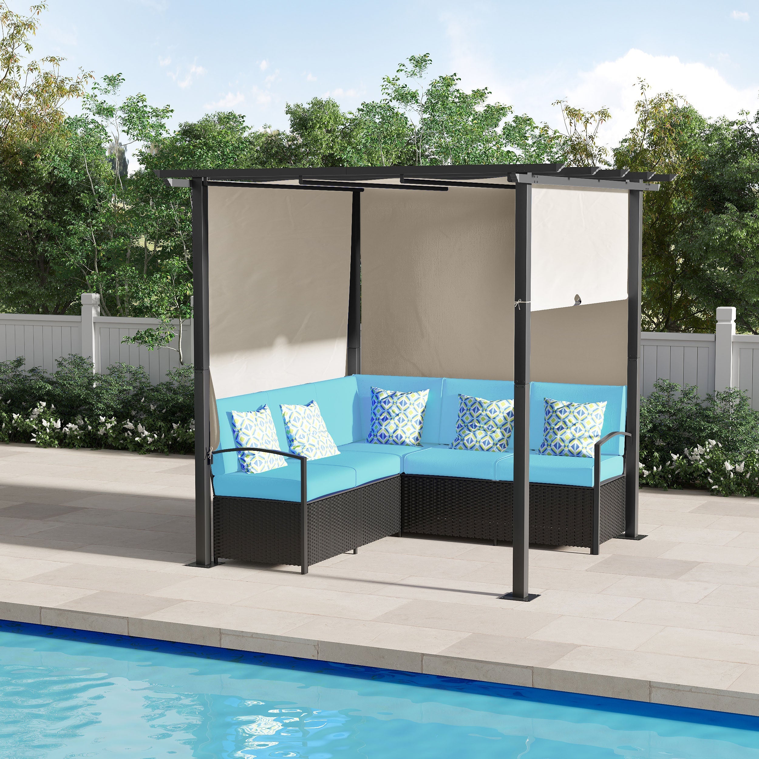 Outsunny Outdoor Wicker Sofa Set: With Retractable Canopy Pergola for Deck, Pool, Garden, Turquoise