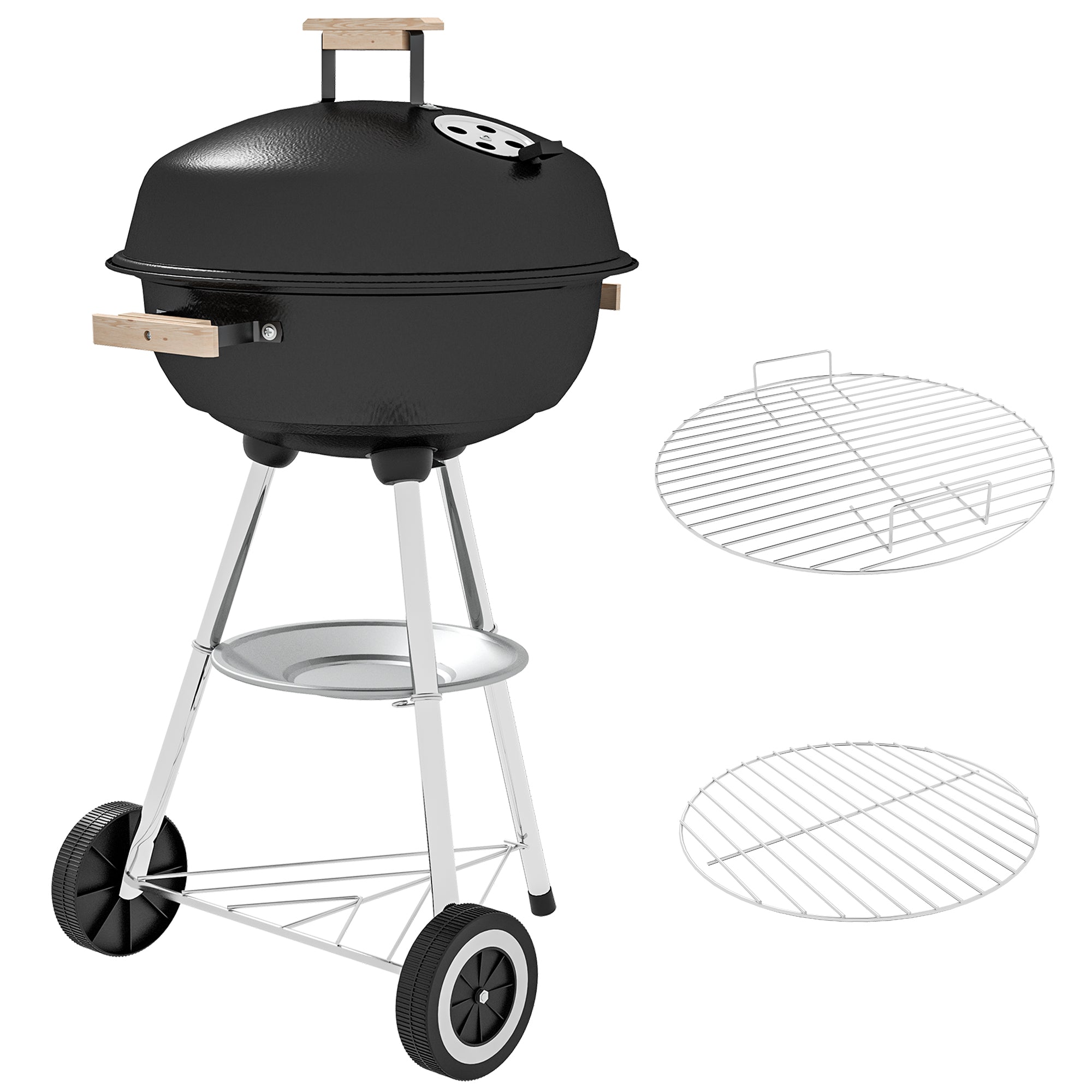 Outsunny Steel Portable Charcoal BBQ Grill Outdoor Camp Cooker with Lid Vents Wheels Storage Shelf Black