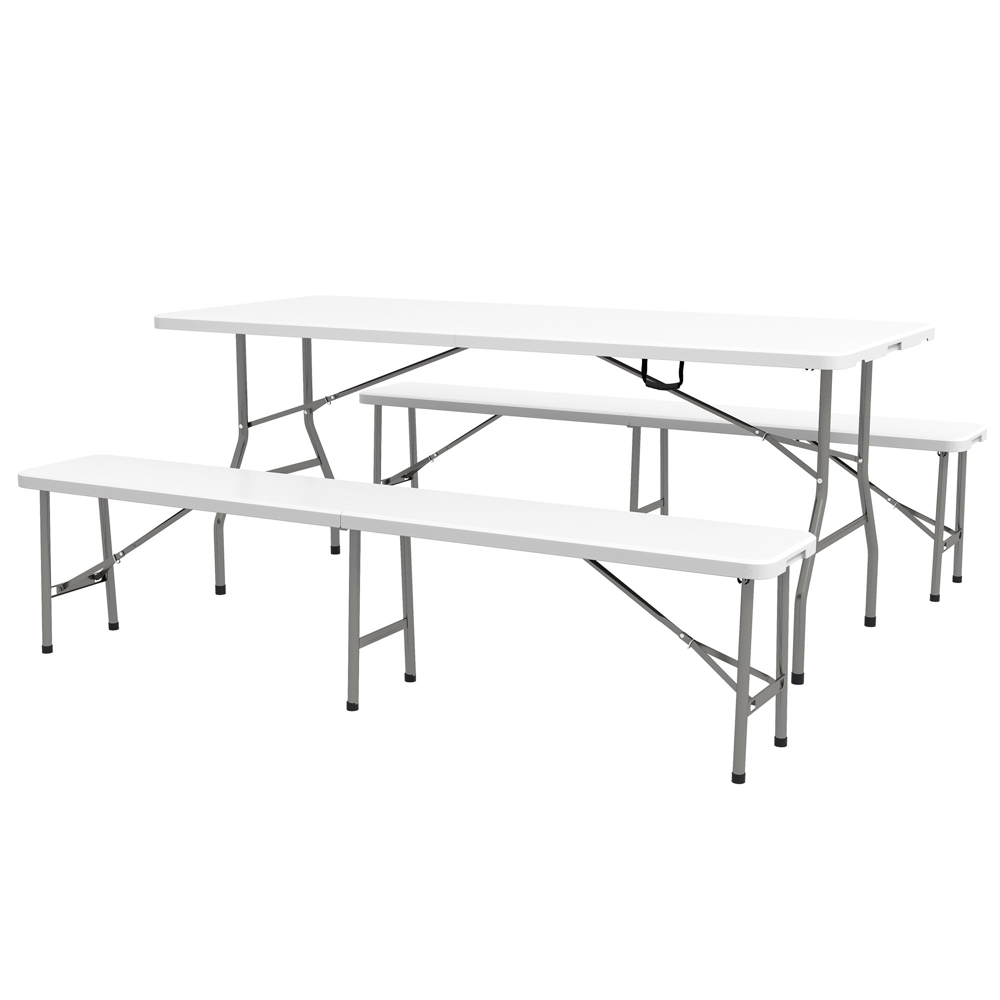 Outsunny 72" Folding Picnic Table Set, 2 Benches, 3-Piece Outdoor HDPE German Style Biergarten Foldable Beer Table for 6, White