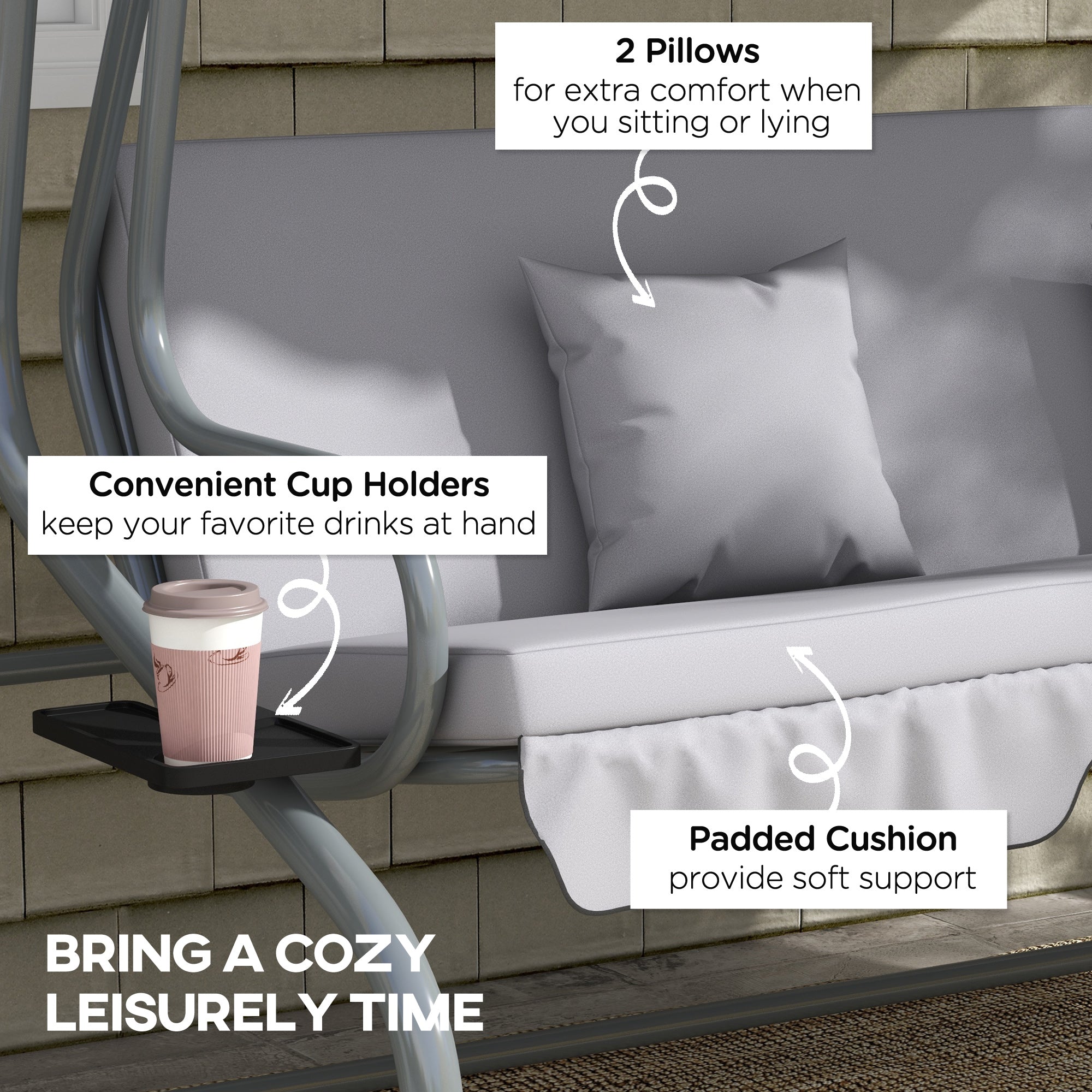 Outsunny Outdoor 3-Seater Patio Swing Chair, Outdoor Swing Seat, with Adjustable Canopy and Two Pillows for Garden, Light Grey