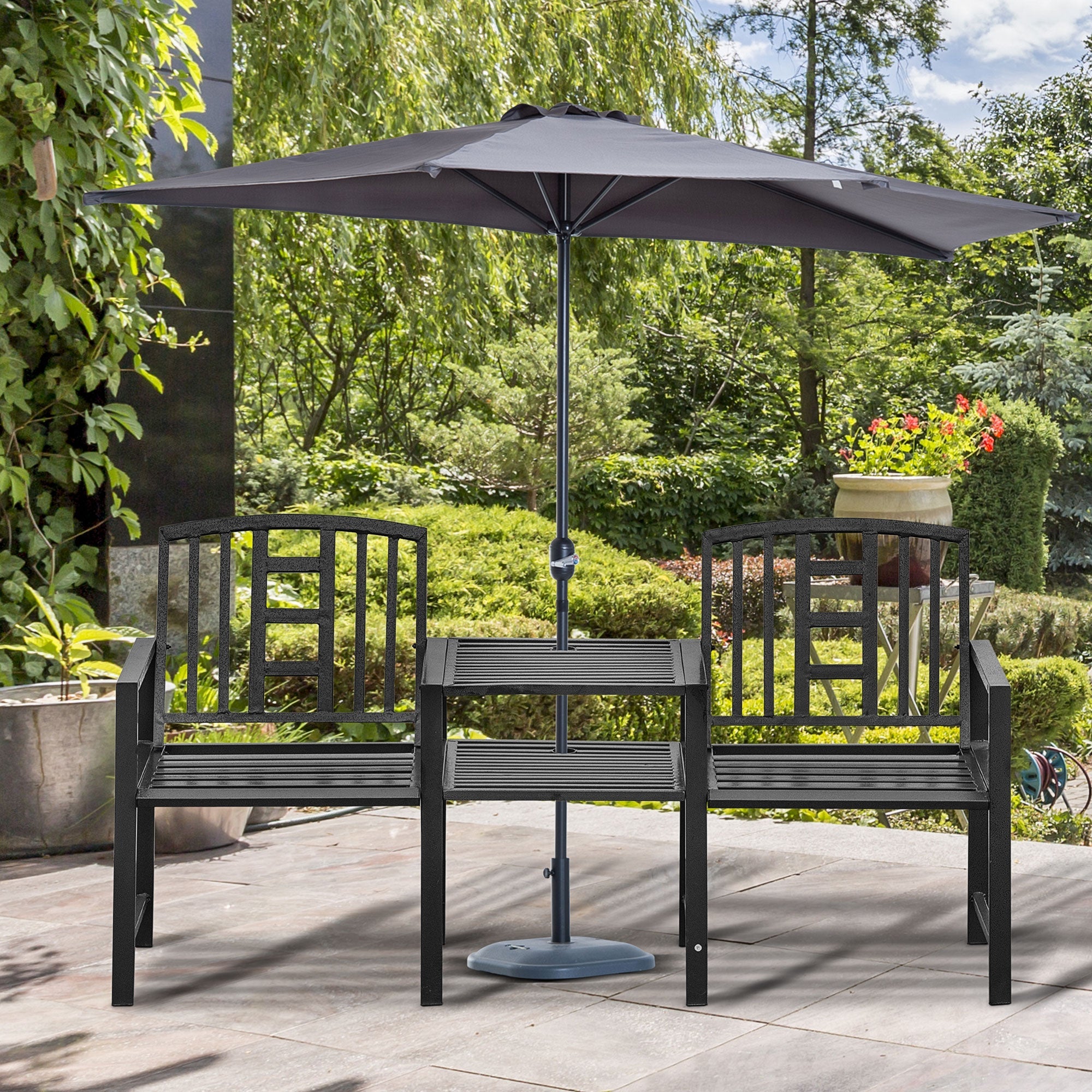 Outsunny Steel Garden Bench with Middle Table & Umbrella Hole, Double Seat, Weather-Resistant Frame for Outdoor, Patio, Black