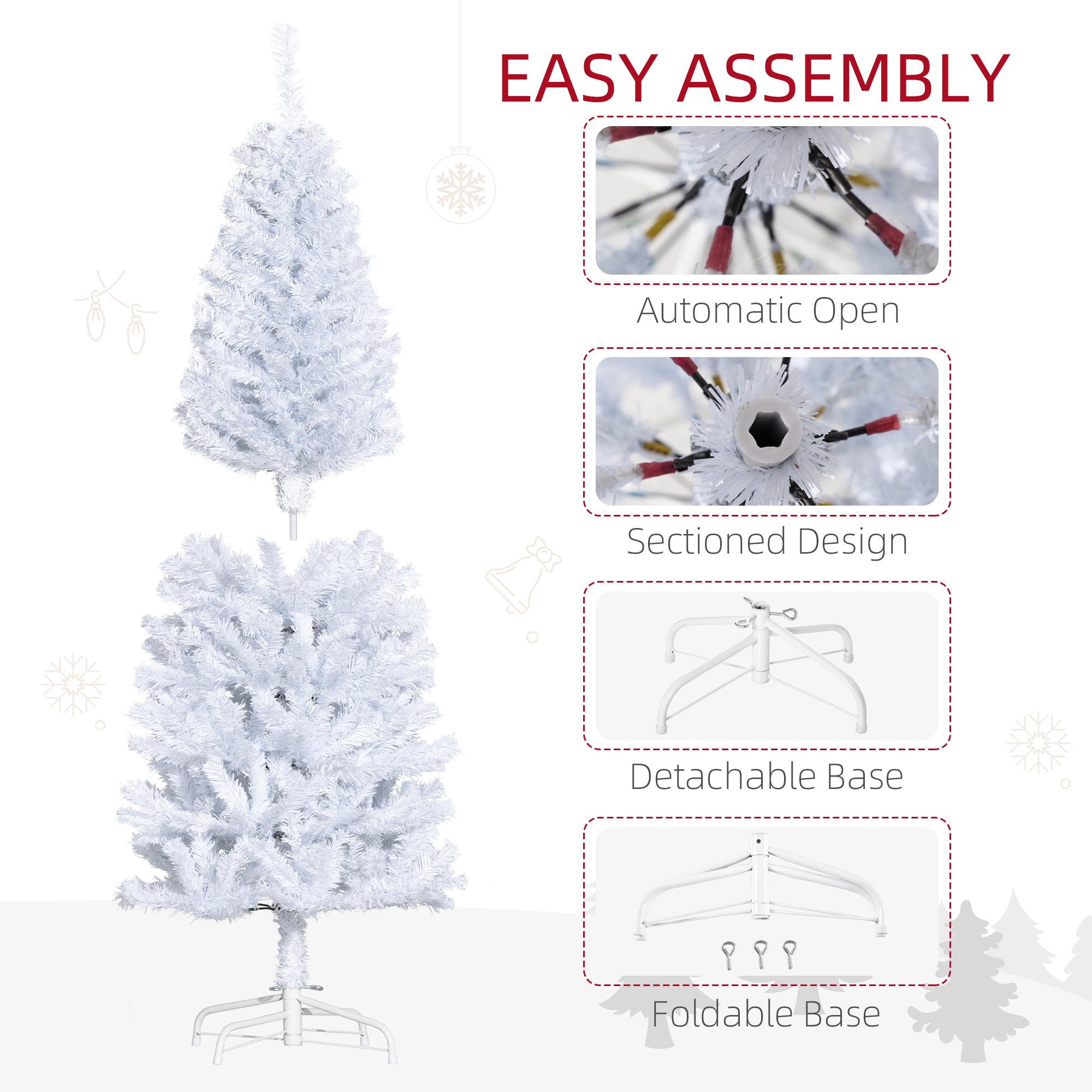 HOMCOM 5FT Pencil Christmas Tree, Artificial Christmas Tree with Automatic Open for Home Party, White