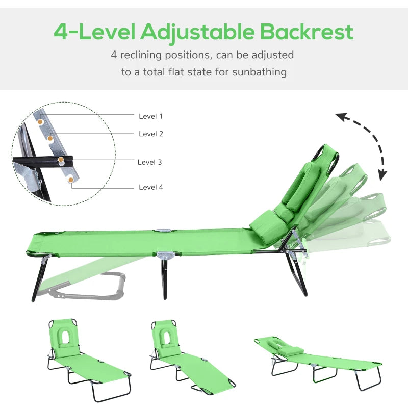 Adjustable Outdoor Lounge Chair, Garden Folding Chaise Lounge with Face Hole Reclining Tanning Chair Seat, Folding Camping Beach Lounging Bed w/ Support Pillow, Green