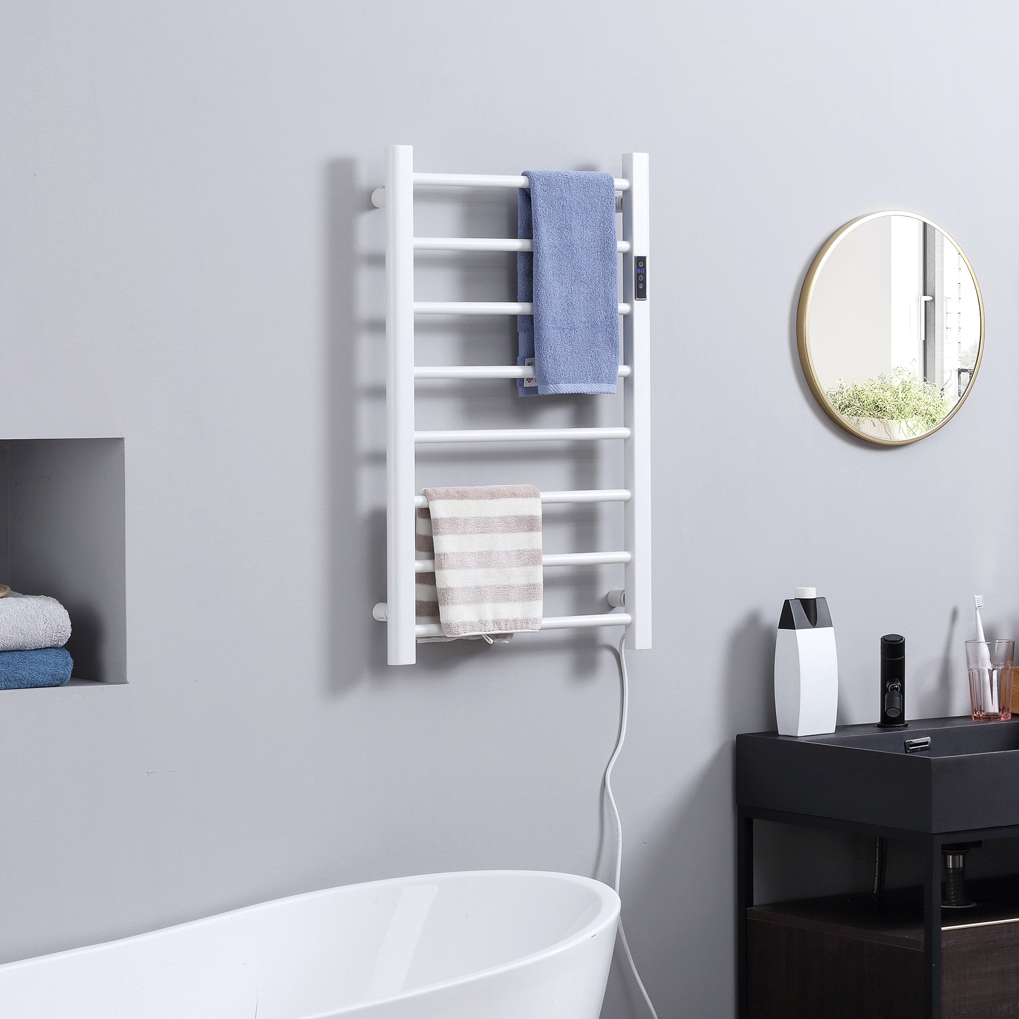 HOMCOM Electric Towel Warmer: 8-Bar Bathroom Heated Rail with Timer, LED Display, Wall-Mount/Freestanding, Carbon Steel