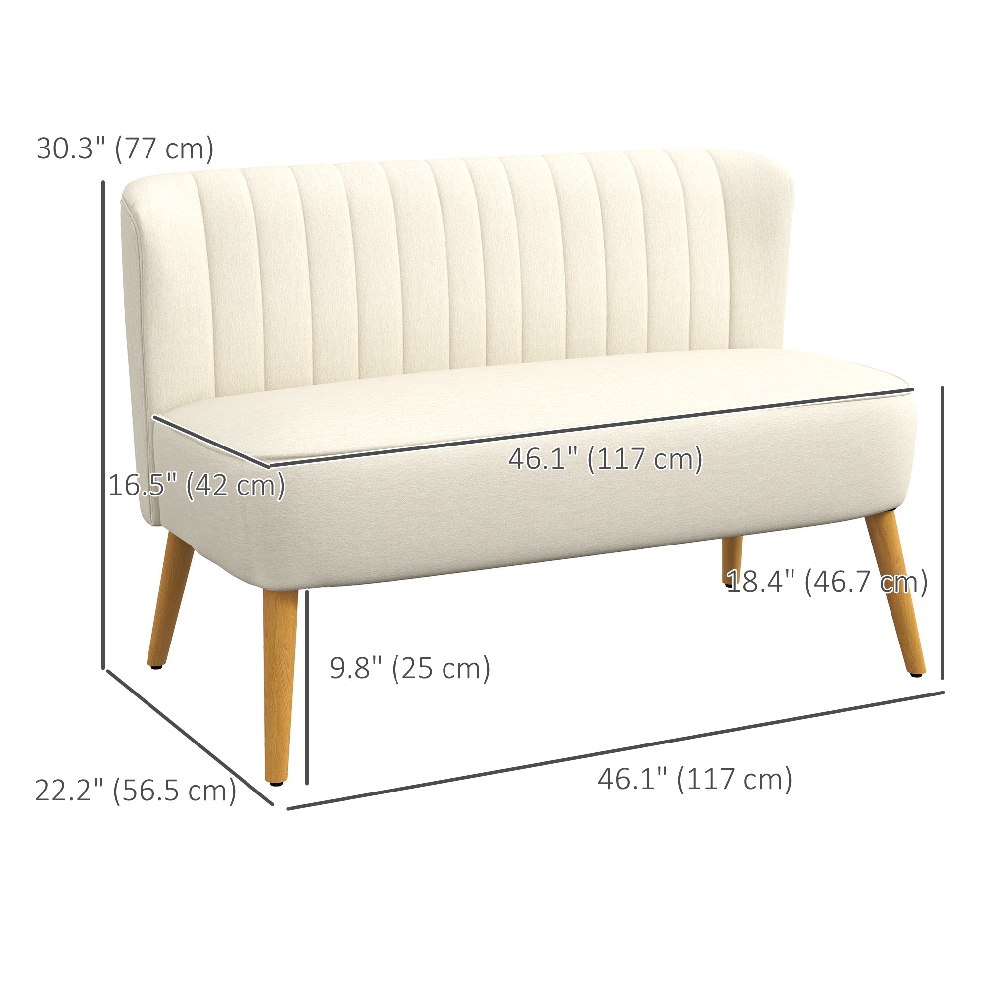 HOMCOM Modern 2 Seat Sofa for Bedroom, Upholstered Two Seater Couch with Rubber Wood Legs, Cream White