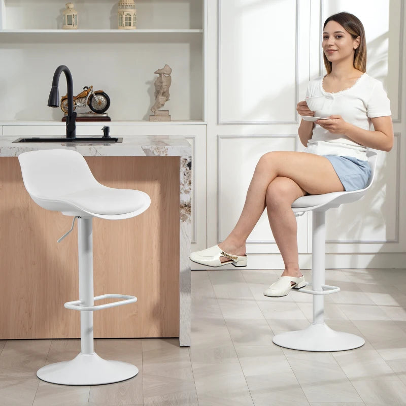 Counter Height Bar Stools Set of 2, Streamlined Bar Chairs with Adjustable Height and Swivel PU Leather Seat, White