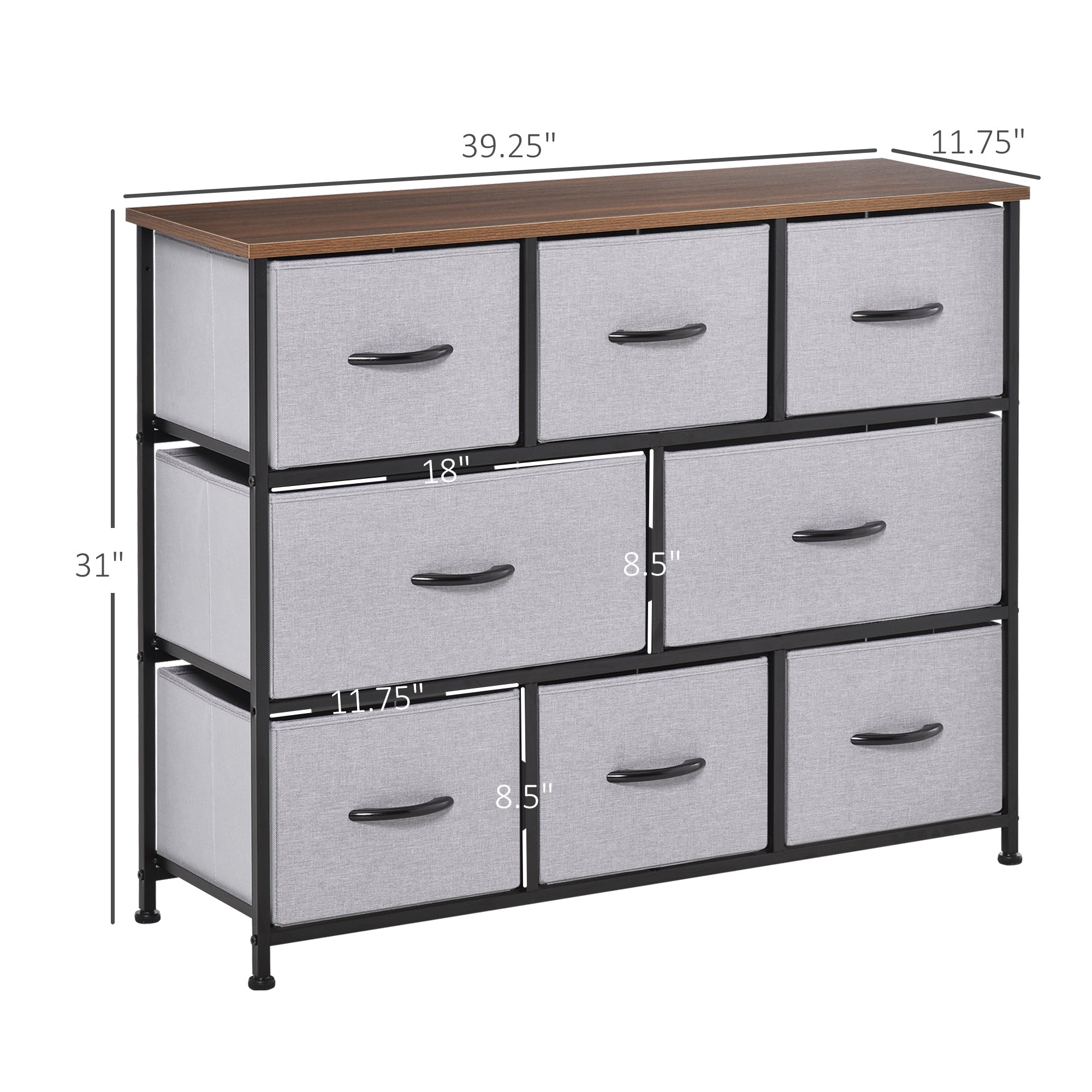 HOMCOM 8-Drawer Dresser, 3-Tier Fabric Chest of Drawers, Storage Tower Organizer Unit with Steel Frame Wooden Top for Bedroom, Grey