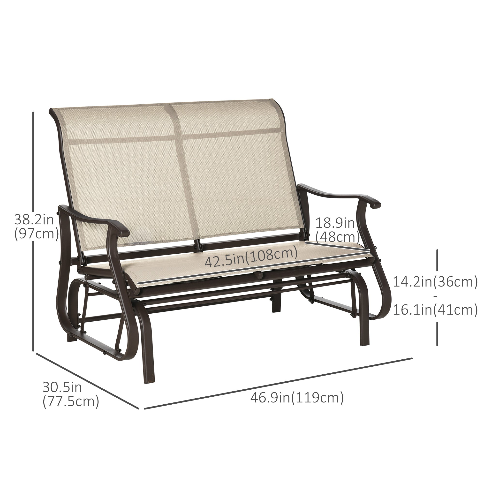Outsunny Garden Double Gliding Chair, Patio Glider Armchair for Outdoor, Backyard Mesh Seat and Backrest, Steel Frame, Khaki