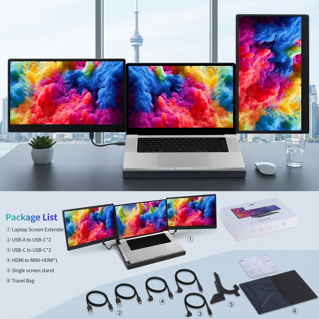 TUTT 14'' Portable Monitor | Laptop Base | 360° Rotation Stand, Multi-Position | F3 Built-In Speaker | All Devices Compatible (H5 Converter Cable Included)