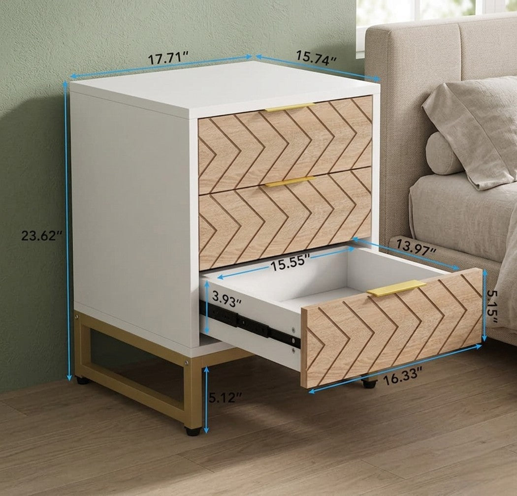 Modern 3-Drawer Nightstand with Metal Frame, Stylish Bedside End Table