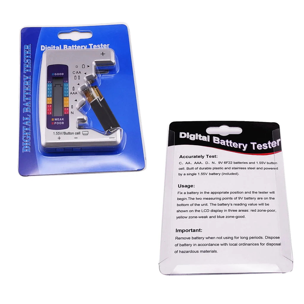 Universal Battery Tester with LCD Display for AA, AAA, C, D, N, 9V & Button Cell Batteries