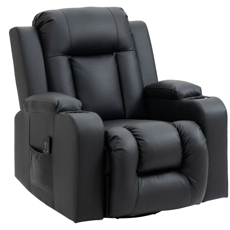 HOMCOM Massage Recliner Chair for Living Room with 8 Vibration Points, PU Leather Manual Reclining Chair with Cup Holders, Swivel Base, Rocking Function, Black