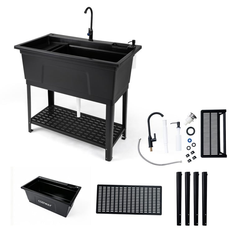 100L Utility Sink Laundry Tub with Rotating Faucet and Storage Shelf
