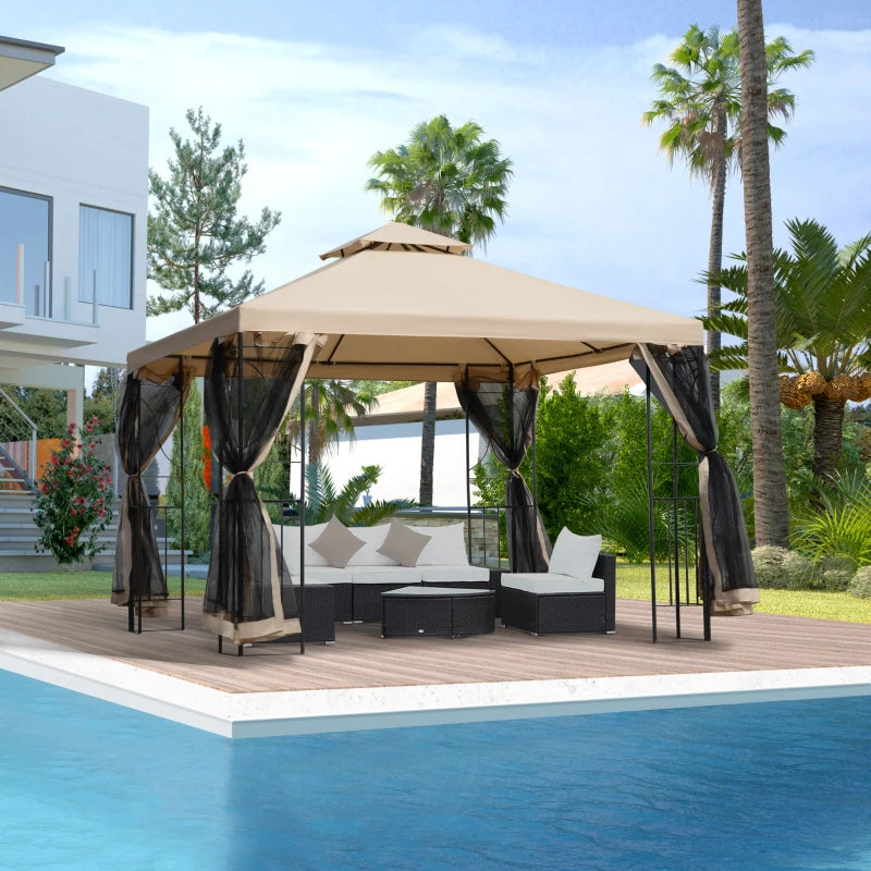 10x10ft Patio Gazebo, Outdoor Double Top Pavilion Canopy, Garden Event Party Tent Shelter, Yard Sun Shade Steel Frame w/ Mosquito Netting and Storage Tray