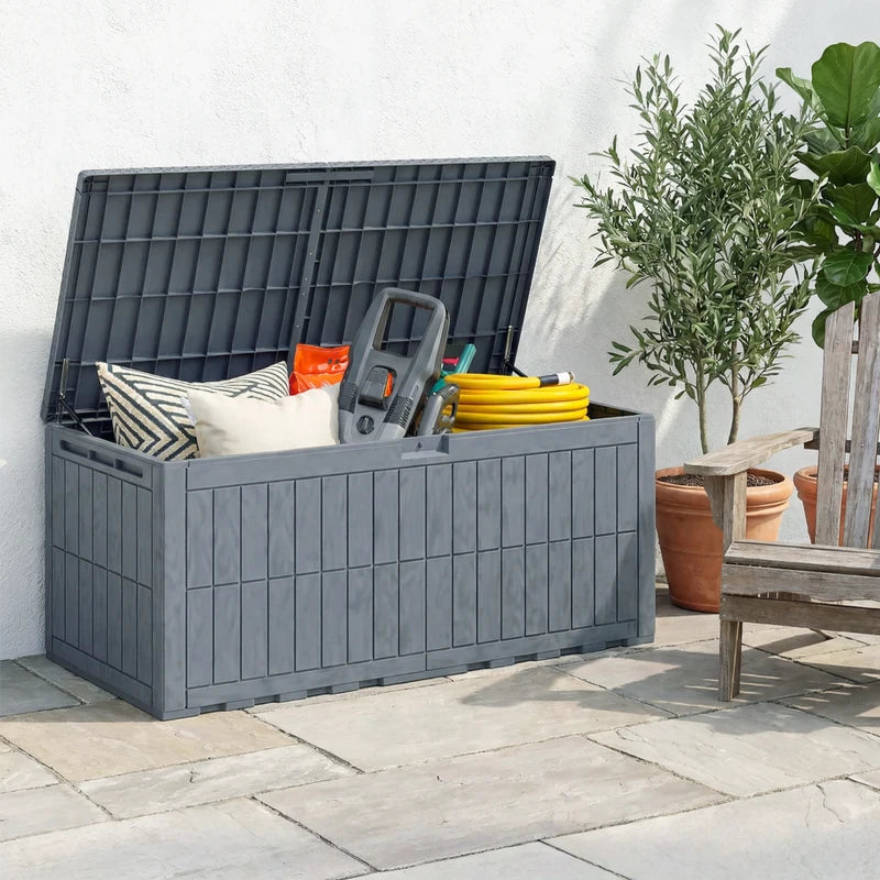220 Gallon Resin Deck Box, Waterproof Lockable Outdoor Storage Box with Pneumatic Gas Rods, Side Handles