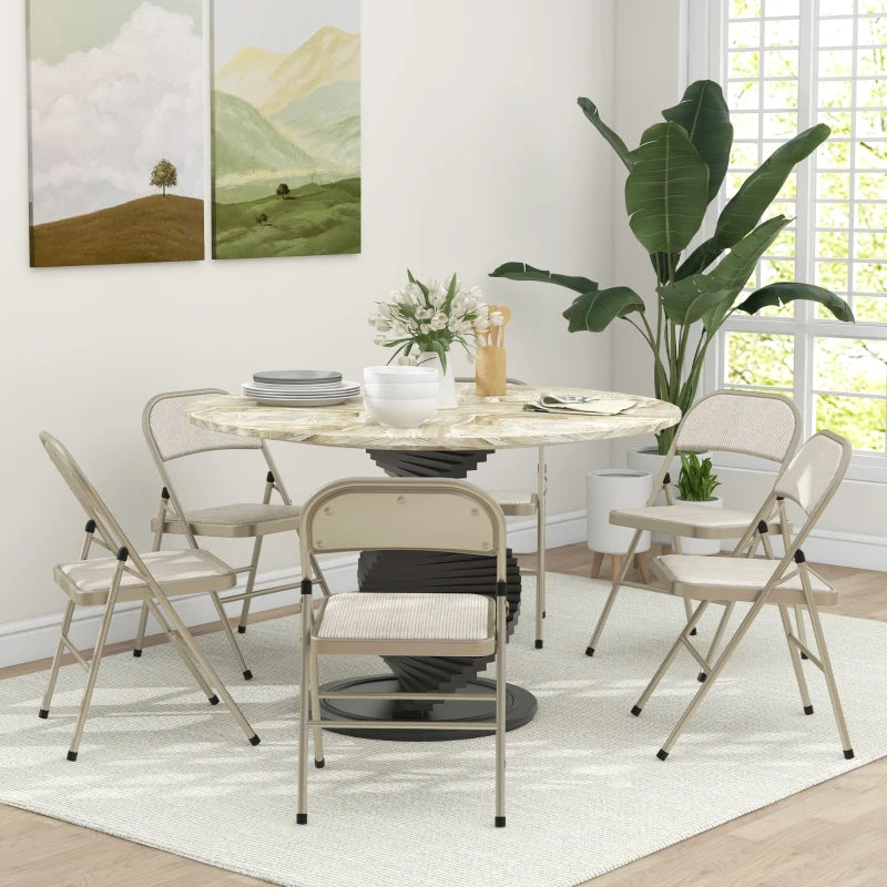 Set of 6 Metal Foldable Chairs, Linen Fabric Padded Folding Chairs with Cushion Seat and Open Back for Indoor, Beige
