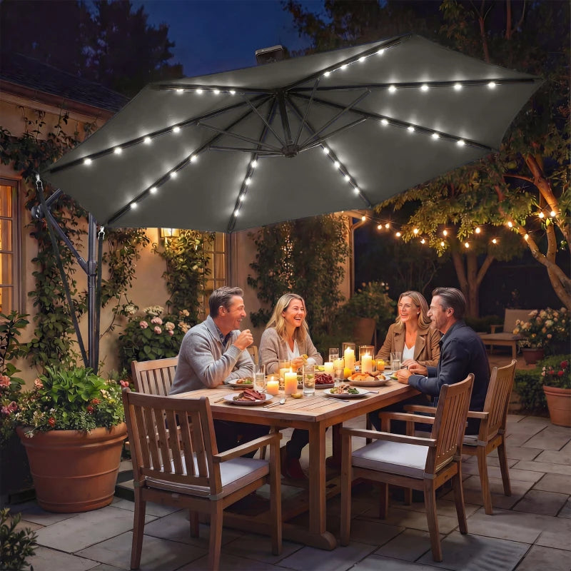 11.3 ft Cantilever Patio Umbrella with Light, Cover, Aluminium UPF50+ Offset Outdoor Umbrella Parasol, Dark Grey