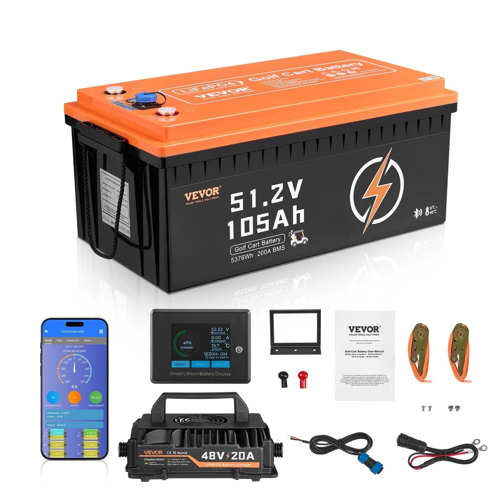 VEVOR 48V 105Ah Golf Cart Lithium Battery 20A Charger LCD Monitor & 4000+ Cycle