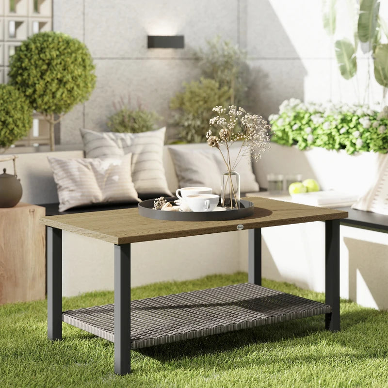 2-Tier Rectangle Outdoor Coffee Table, Patio Table with Wood-Effect Metal Top, Wicker Shelf for Garden, Backyard, Brown