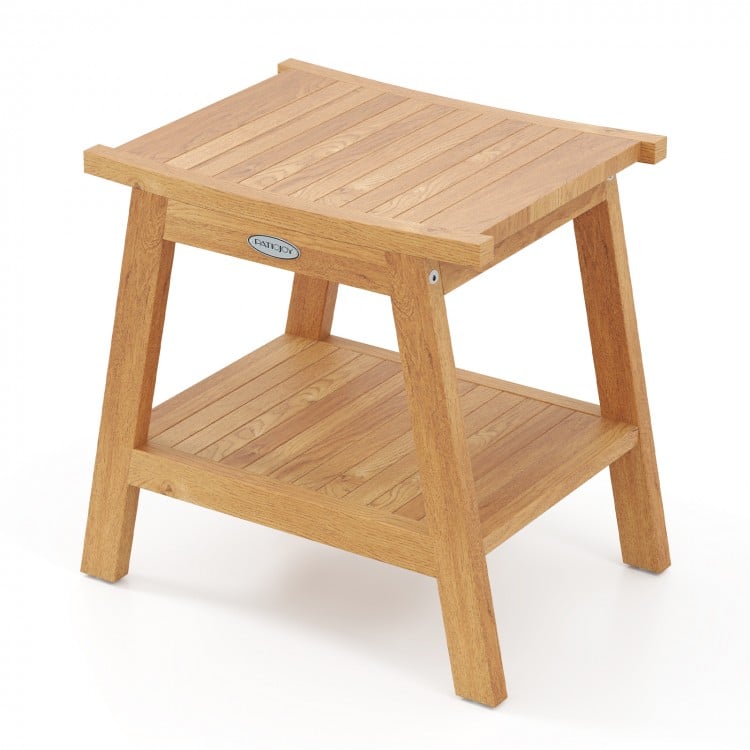 20 Inches Teak Wood Shower Bench with Storage Shelf and Adjustable Foot Pads