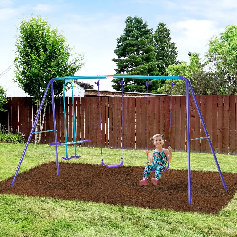 3 in 1 Metal Swing Set with Double Swings, Glider for Backyard, Outdoor, Playground, Purple