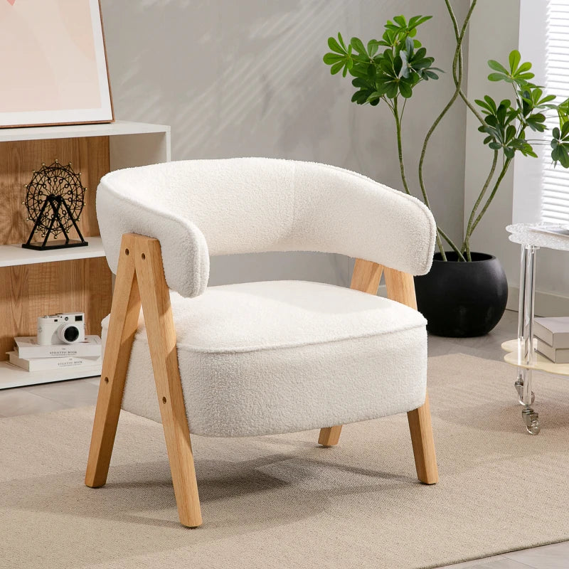 Sherpa Fleece Accent Chair, Upholstered Armchair with Solid Wood Legs and Steel Frame for Living Room, White