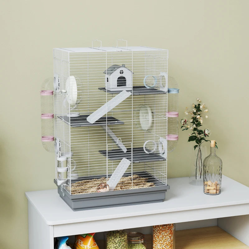 4-Level Large Hamster Cage with DIY Tubes, Water Bottle, Food Dish, Hut, Exercise Wheels, Grey