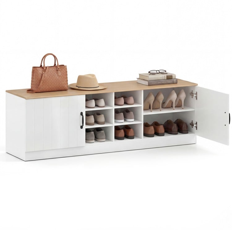 2-Door Shoe Bench Storage Cabinet with Adjustable Shelves-Natural