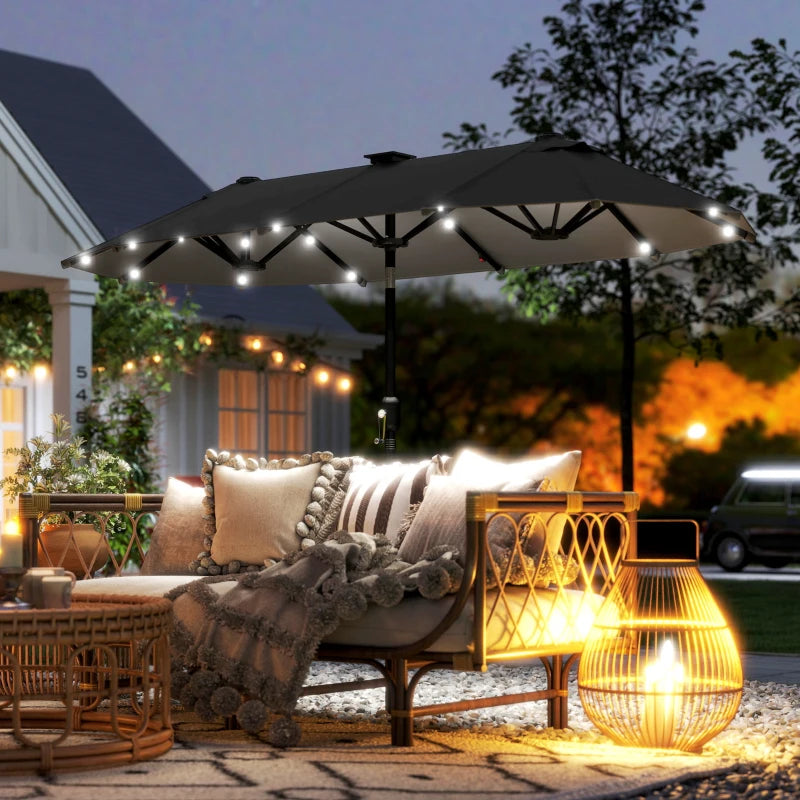 10ft Double-Sided Patio Umbrella with 35 LED Lights, 12 ribs, Extra Large Outdoor Parasol with Twin Canopy, Dark Grey