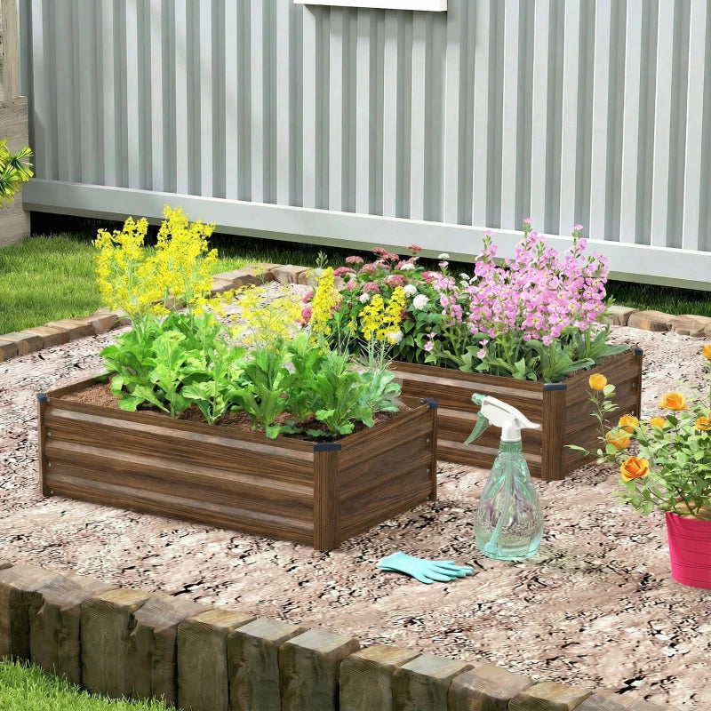 Set of 2 Galvanized Raised Beds for Garden, Outdoor Planter Box for Flowers, Herbs and Vegetables, Dark Brown