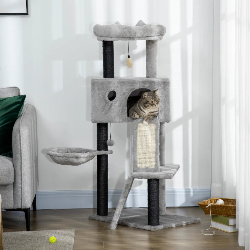47" Cat Tree for Indoor Cats, Kitty Activity Center, Cat Tower with Cat Ear Bed Ramp Condo Hammock Hanging Ball Toys Sisal Rope Scratching Post, Light Grey