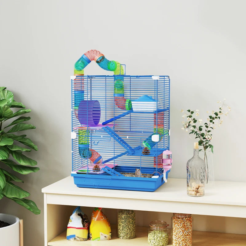 5 Tiers Hamster Cage Portable with Exercise Wheels Play Tube Water Bottle Dishes House Ladder for Gerbils, Dark Blue