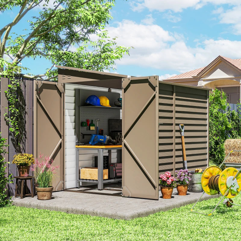 4.6' x 9' Steel Outdoor Storage Shed, Lean to Shed, Metal Tool House with Foundation Kit, Lockable Doors, Gloves and 2 Air Vents for Backyard, Patio, Lawn, Brown