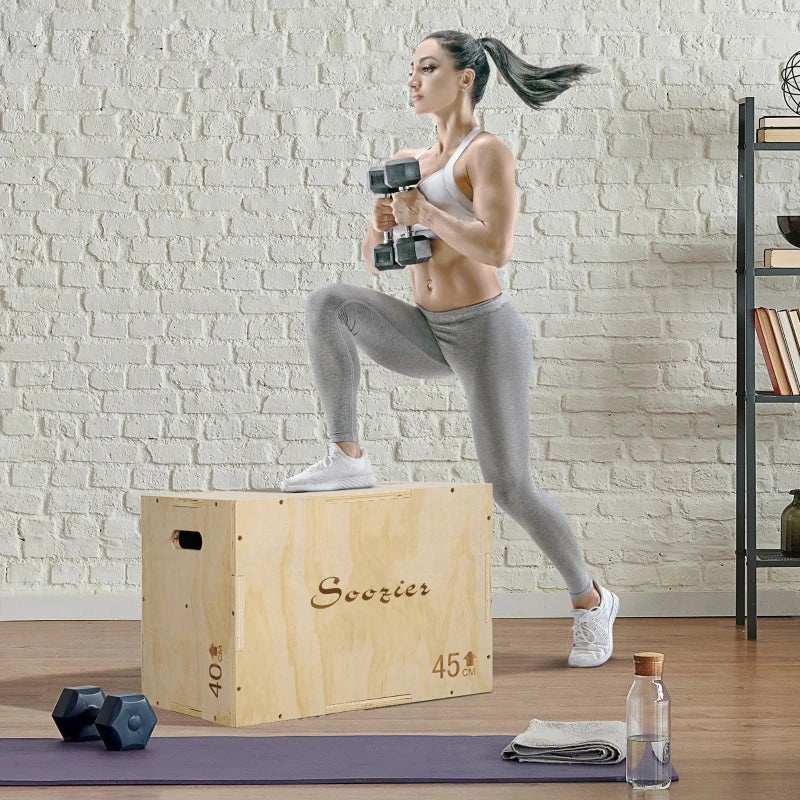 Soozier 3-in-1 Wooden Plyo Box, Plyometric Jump Box with Handle Openings for Home Gym, Workout Training, Natural