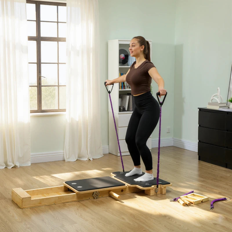 Soozier Foldable Pilates Reformer Machine, Multifunctional Pilates Board with Resistance Bands and Multi-Grips for Home Gym