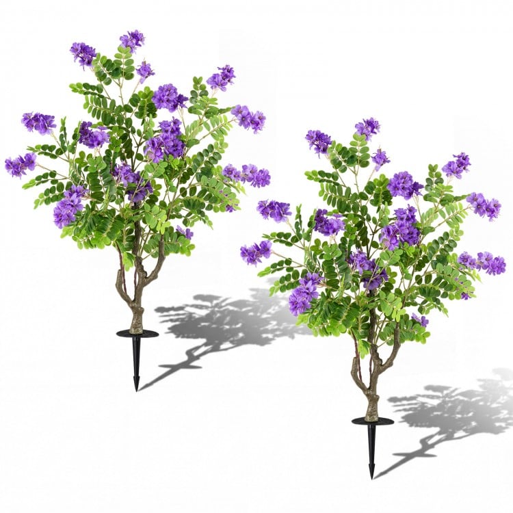 2 Pack Artificial Locust Flower Trees 39 Inch Fake Evergreen Shrubs with Ground Spikes-Purple