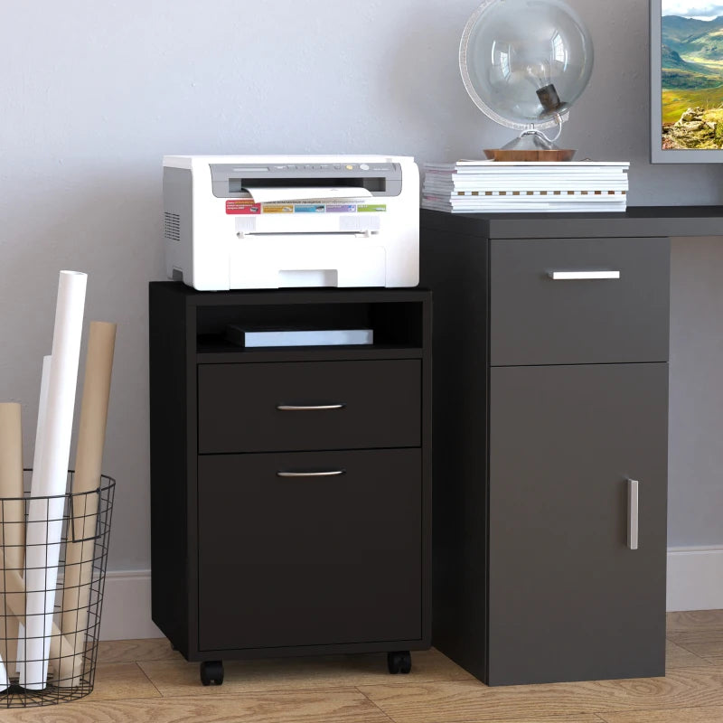 24" Small Filing Cabinet with Open Compartment, Drawer and Wheels, Home Office Storage Cabinet, Black