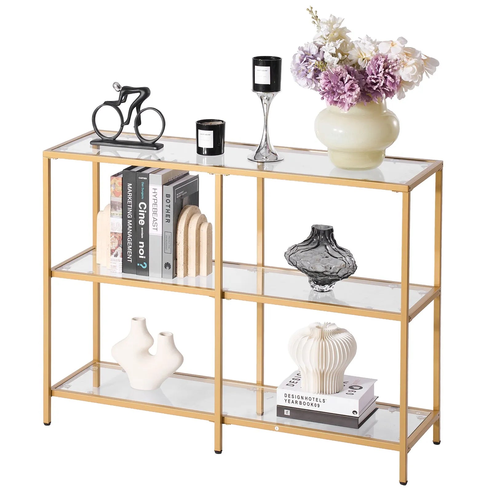 VEVOR 3-Tier Glass Console Table Rectangle Sofa Side Table with Anti-Tip Golden