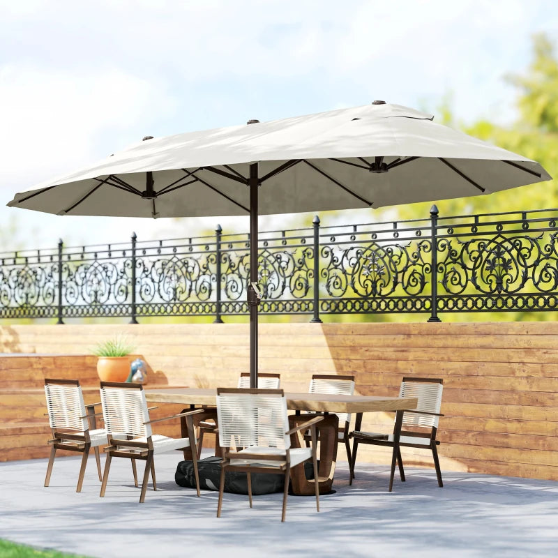 15' Outdoor Patio Umbrella with Twin Canopy Sunshade Steel Table Umbrella w/ Lift Crank, Cross base, Sandbag, Cream