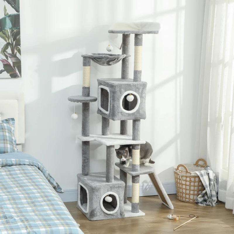 65 Inch Cat Tree with 2 Doors Condos, Plush Top Perch, Hammock, Sisal Scratching Posts, 4 Pompoms, Ramp, Grey